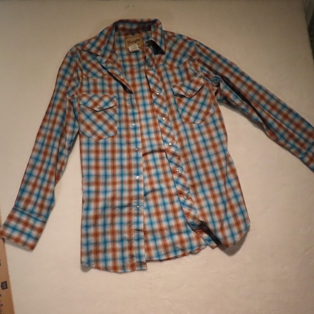 Wrangler Western Shirt Mens Small Plaid Long Sleeve Pearl Snap Blue Orange Rust
